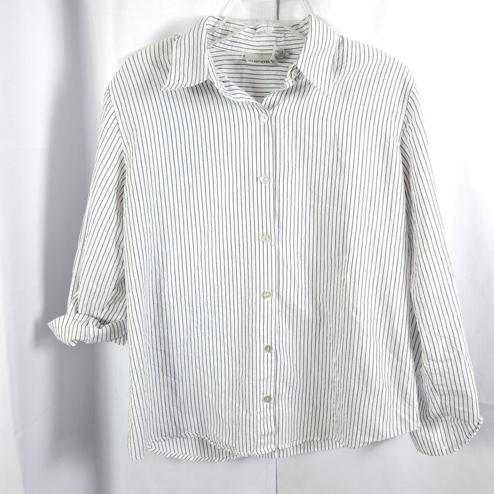 Chico's Women's 1 US 8 White Gray Striped Button-Down Shirt